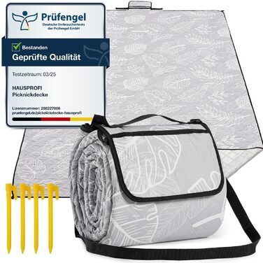 Плед для пікніка HAUSPROFI 200x300 см, водонепроникний, ізольований, XXL. Для пікніка, пляжу, кемпінгу. З бавовняним наповнювачем, ручкою для перенесення та кілочками. З миючим та стійким до деформації дизайном (листя)