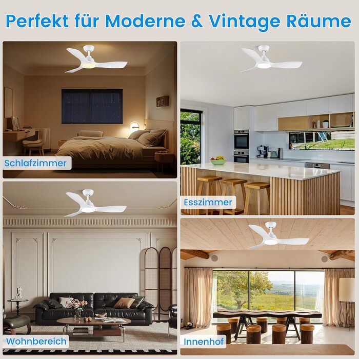 Стеляний вентилятор CJOY з підсвіткою, 107 см, з пультом керування, DC, тихий, з функцією реверсу, пам'ять 3CCT, диммування, 6 швидкостей, таймер для спальні, білий