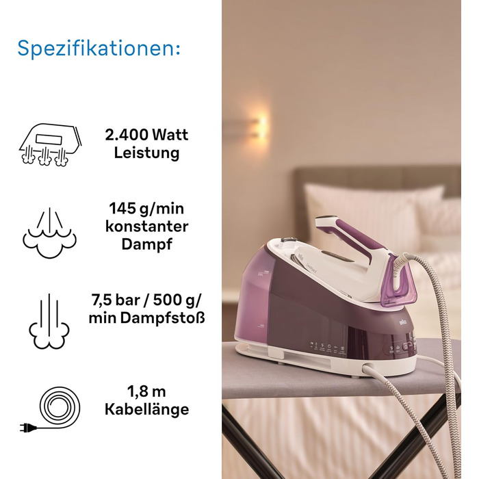 Braun Household CareStyle 5 IS5247 VI Steam Station - Steam Iron with FreeGlide 3D Soleplate, iCare Mode, Vertical Steaming, Detachable 2L Water Tank, 500 g/min Steam Boost, 2400W, Violet