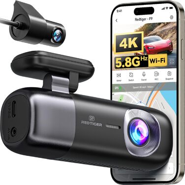 Автомобільний відеореєстратор REDTIGER 4K Ultra HD (передній та задній), GPS, 5.8GHz WiFi, нічний режим, режим паркування, підтримка карт пам'яті до 256ГБ, модель F9
