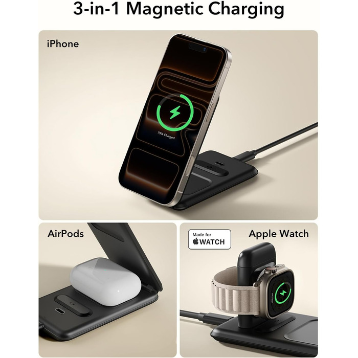 Зарядний станція 3-в-1 ESR для Apple Watch та iPhone з MagSafe, чорна (15W)