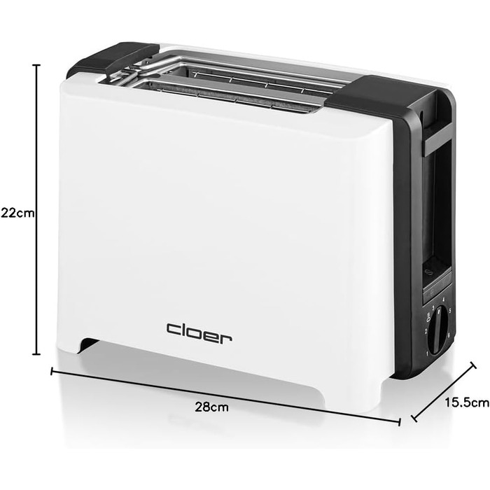 Тостер Cloer 3531 для 2 тостів XXL, 750-900 Вт, з функцією перевірки тосту, підставкою для булочок, режимом розморожування, додатковим підйомом, білий