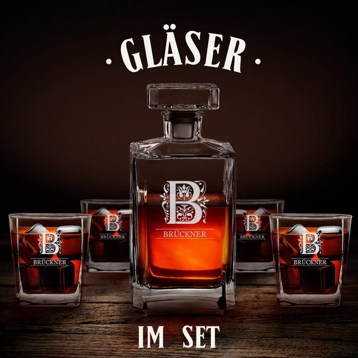 Maverton Whiskey Decanter + Set of 4/6 Whiskey Glasses with Engraving - 700ml Whiskey Decanter - for Christmas - Birthday Gift for Women - Letter