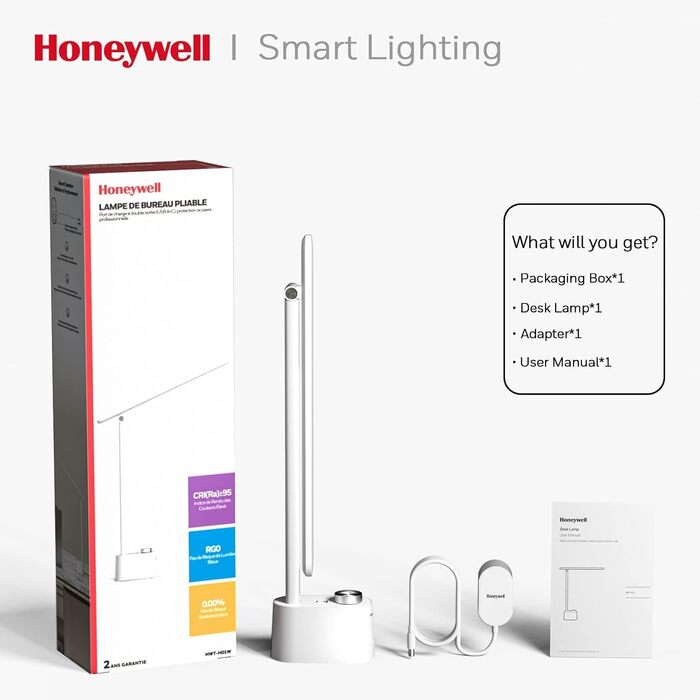 LED настільна лампа Honeywell з USB-портами, регульоване освітлення, захист очей, Sunturalux™ для офісу та дому, складна конструкція, білий колір