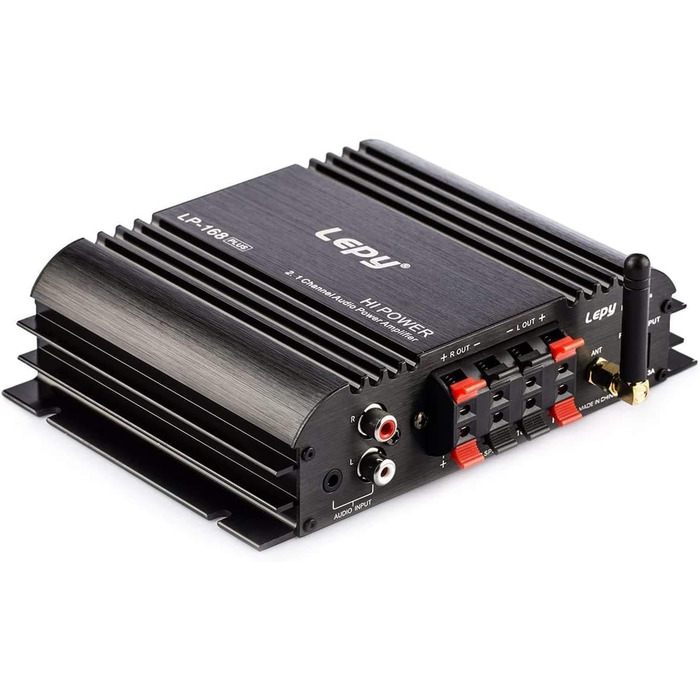 Lepy LP-168 Plus Bluetooth підсилювач 2.1 канали, 2x45Вт+68Вт, HiFi цифровий стерео бас, USB, MP3, MP4, DVD, для авто, з LED підсвіткою