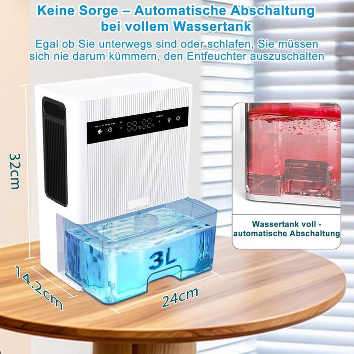 Електричний осушувач повітря 3000 мл з LED-дисплеєм, тихий осушувач для дому, ідеальний для квартири, ванної кімнати, підвалу, з автоматичним вимкненням та кольоровою нічною підсвіткою
