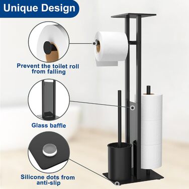 Stainless Steel Toilet Paper Holder with Brush - Standing Toilet Paper Roll Holder with Tray and Glass Shelf (Matte Black)