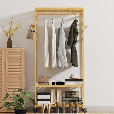 Bamboo Coat Rack, Clothes Rack with 3 Shelves and 10 Hooks, Laundry Rack with Clothes Rod, for Entryway, Living Room and Office, 80x43.5x165cm (Natural3)