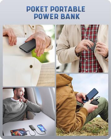 Портативний зарядний акумулятор Power Bank 10000mAh, ультратонкий, з USB-C, 2 USB виходи, сумісний з iPhone, iPad, Samsung, AirPods