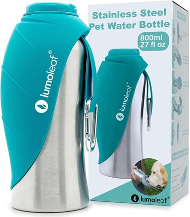 LumoLeaf Stainless Steel Dog Water Bottle - 800ml Portable Pet Water Dispenser for Travel, Hiking & Camping (Blue)