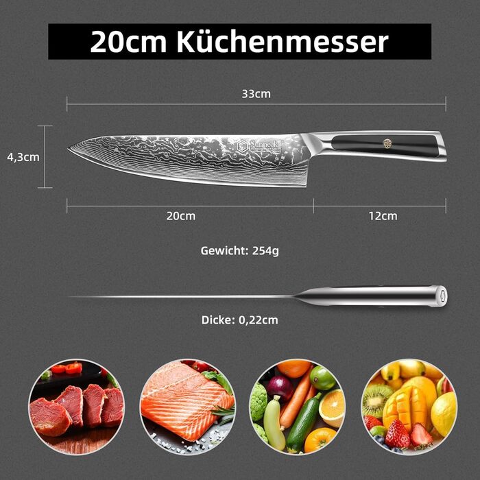 Ніж кухарський Sunnecko Damast 20см, 8 дюймів. Ніж з дамаської сталі з ергономічною ручкою для кухні. Fleischmesser для нарізки м'яса.