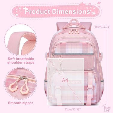 Шкільний рюкзак для дівчаток з візерунком, дихаючий та водовідштовхуючий рюкзак для 1-5 класів, Рожевий-01