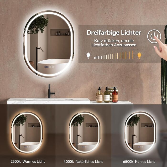 Дзеркало для ванної кімнати YOURLITE з підсвічуванням, 60 см, LED, сенсорне керування, 3 кольори світла, регулювання яскравості, антизапар, пам'ять, годинник, овальне, білий