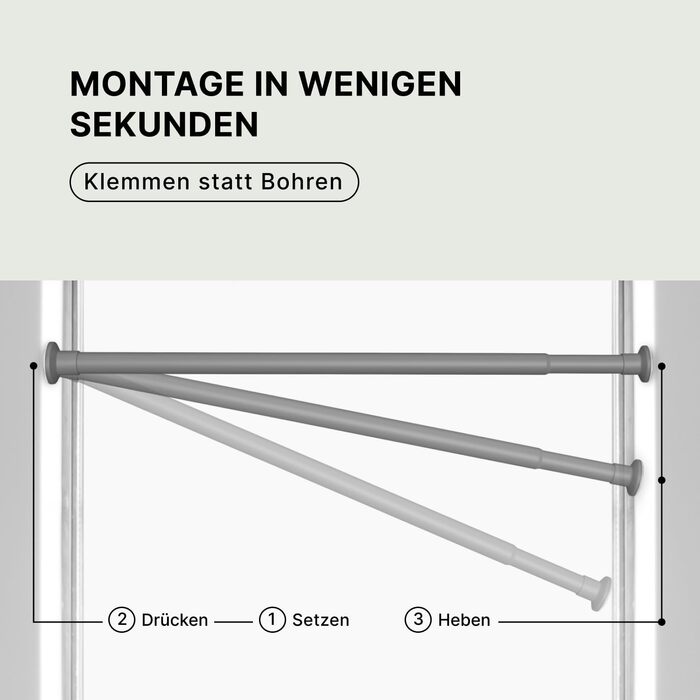 Штанга для карнизів без свердління, Ø 25 мм - телескопічна штанга для штори, душова штанга, кріпиться без свердління, для вікон, перегородок, кухні (70-120 см, 90-160 см, сіра)