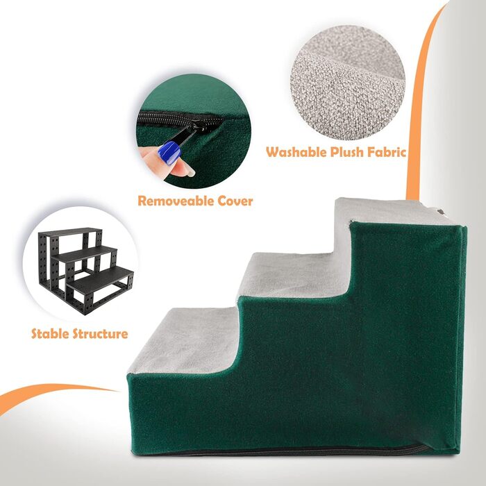 NAMSAN Dog Stairs 3-Step Pet Ladder, Easy Assembly, Cat Stairs with Washable Cover for Sofa, 42 x 40 x 31cm