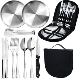 Набір посуду для кемпінгу MOMAHUA на 2 особи (10 шт.): нержавіюча сталь, для пікніків та подорожей. Включає сумку для багаторазового використання.