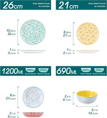 Набір посуду Vancasso Selene для 6 осіб, 24 елементи: тарілки, супові тарілки, миски, десертні тарілки, з пастельного порцеляни, мікрохвильова піч сумісна