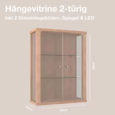 K-Möbel Wall Display Cabinet Glass - Made in Germany - Hanging glass display cabinet with 2 height-adjustable tempered glass shelves (ESG) in beech - Cabinet with glass doors - Wall cabinet - Display Cabinet (5) Winchester Oak, 80x60x25cm