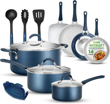 NutriChef 14-Piece Induction Cookware Set & Frypan Set, PFOA/PFOS-Free, Non-Stick Coated, Cookware Set, Pots & Pan Sets, Aluminum with Stainless Steel Edges – Cookware Set for all Blue Heat Stoves