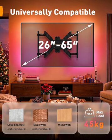 Кронштейн для ТБ Perlegear PGTVM79B поворотний та нахильний з LED-підсвіткою та синхронізацією з музикою, для телевізорів 25-65 дюймів (до 45 кг), VESA 400x400мм