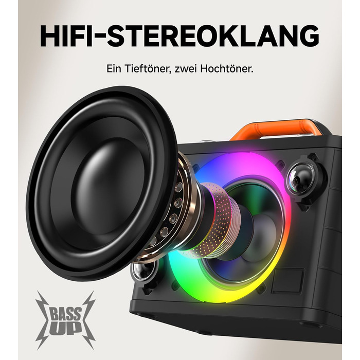 Караоке машина з 2 бездротовими мікрофонами RGB – 5200 mAh, 10 RGB-режимів, незалежне керування, 13 годин відтворення, Hi-Fi звук, підтримка AUX/USB/TF-карт/Coax, чорний