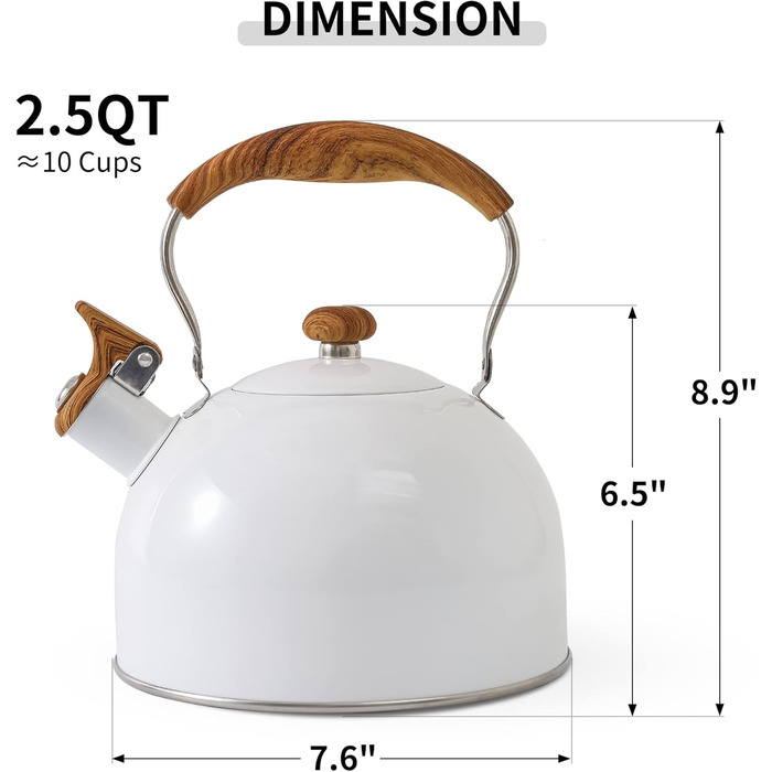 Чайник для плити LONFFERY 2.5 л з свистком, з нержавіючої сталі, дерев'яним декором, складаним ручками, кремово-білий