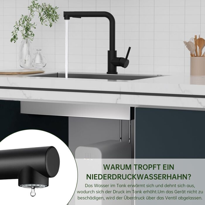 Змішувач кухонний DAYONE з висувною лійкою, нержавіюча сталь, 3 режими, поворотний на 360°, для кухонної мийки (15 см), матовий чорний