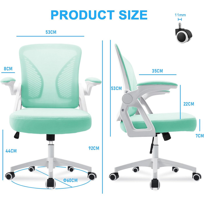 Офісний стілець з регульованими підлокітниками, ергономічний, з сітчастою спинкою, підтримкою попереку, регульованою висотою, м'яким сидінням, поворотний на 360°, (зелений)