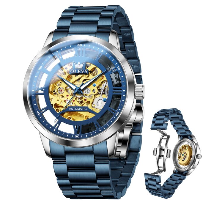Чоловічий механічний годинник OLEVS з автопідзаводом Tourbillon, люксовий водонепроникний годинник зі сталевим ремінцем та підсвічуванням (синій циферблат та ремінець, 6728)