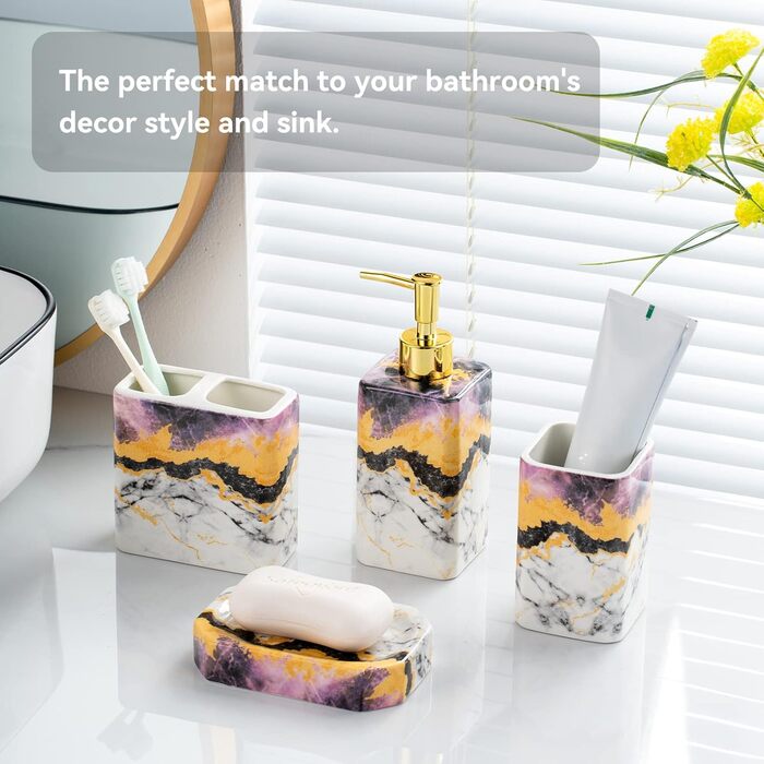 Набір аксесуарів для ванної кімнати (4 шт) – білий набір з дозатором для лосьйону, тримачем для зубних щіток, склянкою та мильницею – глянсова поверхня (мармур, білий) (фіолетовий)