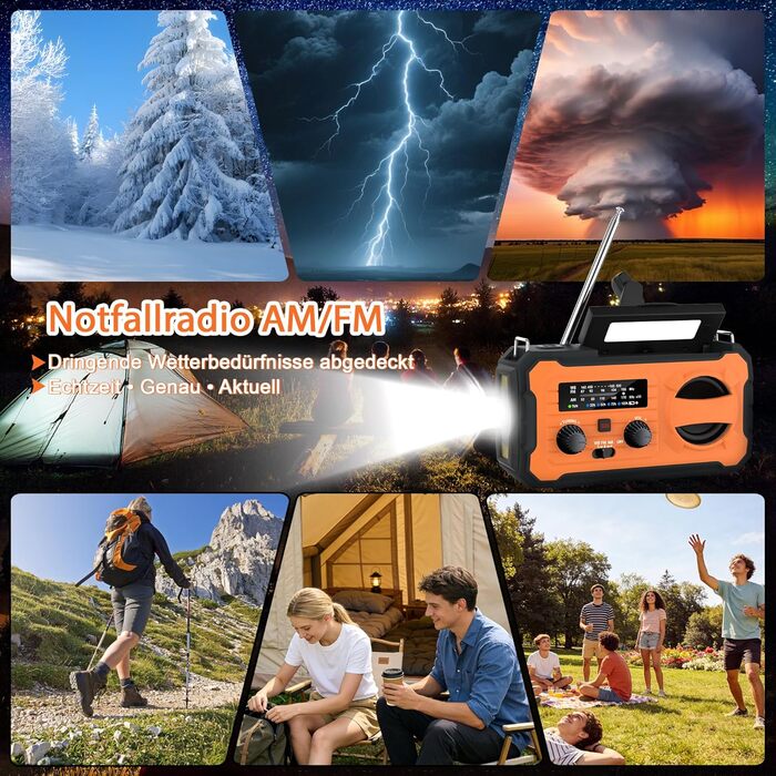 Радіоприймач FIVAVA на сонячних батареях з ручним заводом, Powerbank 10000mAh, SOS-сигнал, LED-ліхтарик, USB. Для кемпінгу, надзвичайних ситуацій (Помаранчевий)