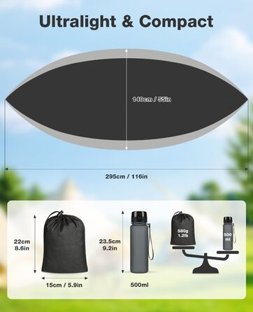 Гамак дорожній Camping 295x140 см, вантажність 350 кг, з карабінами та ременями, чорно-сірий