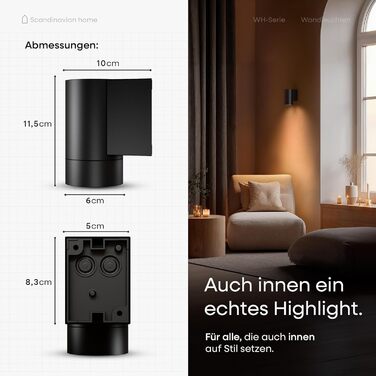 LED-стінна лампа для дому та вулиці, регулювання яскравості, IP65, 230V, 6W, тепле біле світло 3000K, 700lm, комплект 2 шт. (чорний, Wh-серія)