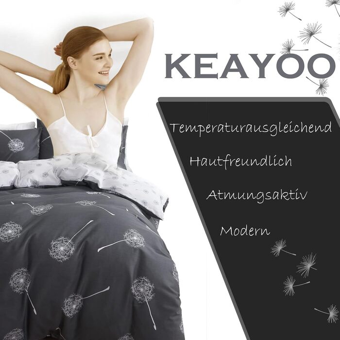 Комплект постільної білизни KEAYOO 200x200 см, сіро-білий, бавовна, двосторонній, для зими та літа, з малюнком кульбаби, м'який, на блискавці, 2 наволочки 80x80 см