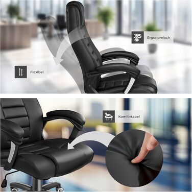 Офісний крісло Tectake, крісло для шефа, поворотне крісло на колесах, комп'ютерне крісло, регульоване по висоті, ергономічне крісло з екошкіри, з підлокітниками та функцією гойдання, 12 см підкладки - чорне