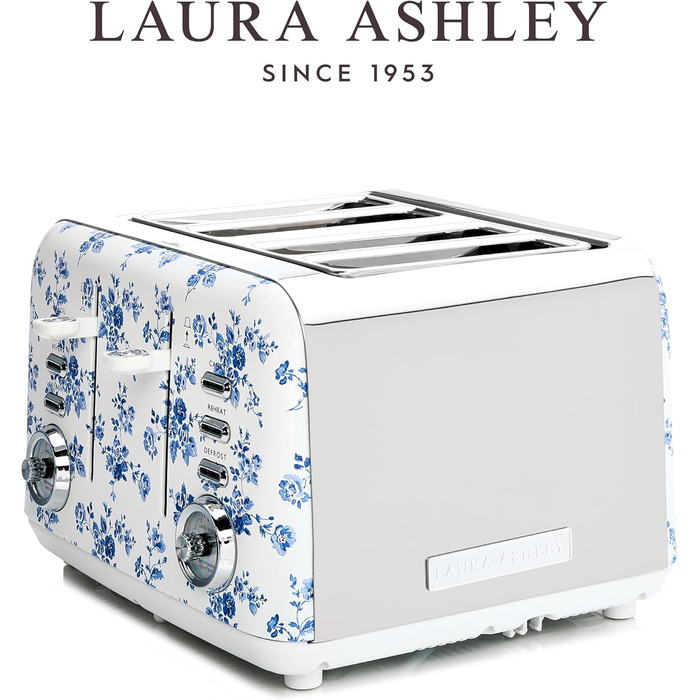 Тостер VQ Laura Ashley з 4-ма тостами, регулюванням нагріву, функціями розморожування та підігріву, з насадкою для круасанів, нержавіюча сталь, ретро-дизайн, колір 
