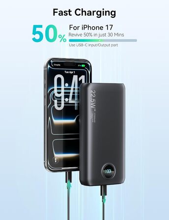 Потужний зовнішній акумулятор Power Bank 27000mAh 22.5W USB-C з LED-дисплеєм, швидка зарядка PD 3.0 та QC 4.0, вбудований ліхтар для iPhone, Samsung, iPad та смартфонів