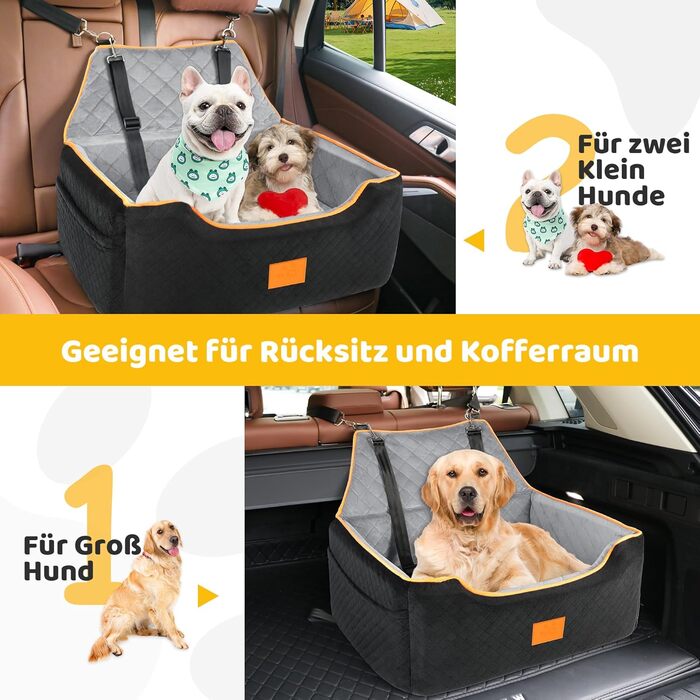 GL GLENSLAVE Dog Car Seat for Medium/Large Dogs - Elevated Pet Seat for Dogs Up to 25kg or 2 Small Dogs - Removable & Washable with Thick Cushions & Storage Pockets (Black/Gray)