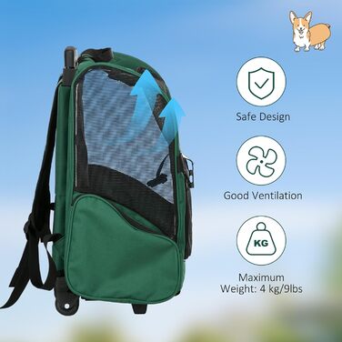 PawHut Рюкзак-переноска для собак та котів 2-в-1 з кишенями, телескопічною ручкою та колесами, 42 x 25 x 55 см, Зелений