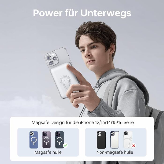 Power Bank 12000mAh з MagSafe, висувним підсвічуванням та USB-A виходом 22.5W PD, LED-дисплей, Type-C, білий