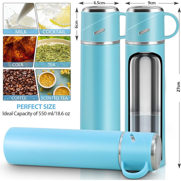 Термос IAGORYUE з нержавіючої сталі, 0,55л, ізольована пляшка з кришкою без витоку та ручкою, подвійні стінки, зберігає тепло та холод до 12 годин - для спорту, офісу, активного відпочинку (блакитний)