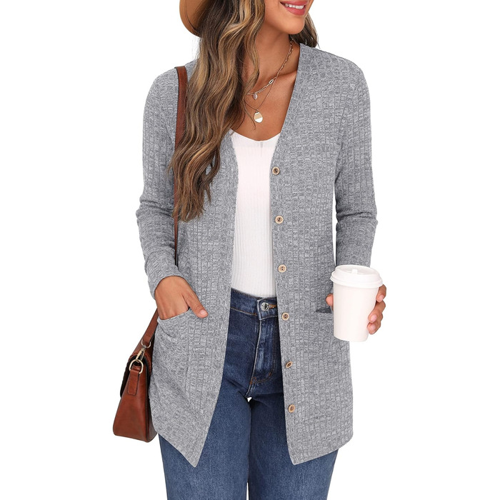 Жіночий в'язаний кардиган Grecerelle з довгими рукавами, сірий, з кишенями та V-подібним вирізом, XL