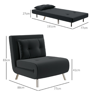 HOMCOM Sleeper Chair Folding Chair with Bed Function 77x88x83cm, Single Sofa with Cushion, Velvet Upholstered Sofa in Black for Guests