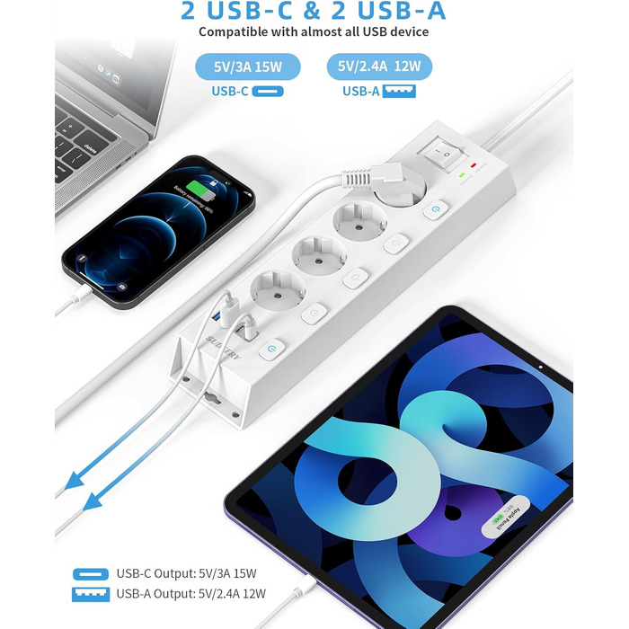 Мережевий фільтр Steckdoseleiste 5-фазний з індивідуальним вимикачем, захистом від перенапруги 1050J, для дому та офісу, кабель 2м (4 фази з USB, білий)