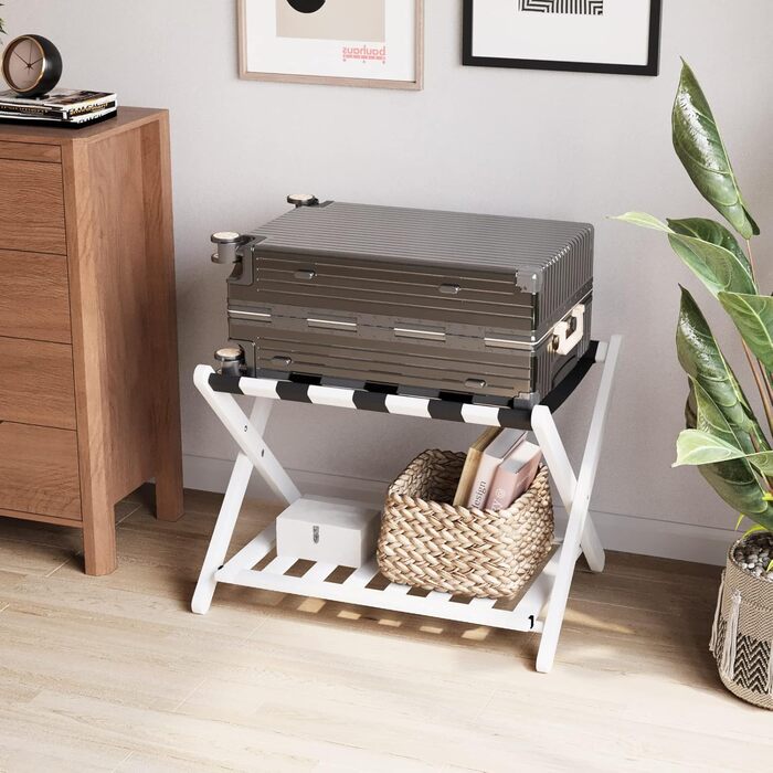 Fully assembled white luggage rack, enhanced bamboo, foldable suitcase stand with 5 nylon straps, luggage holder with shelf for guest rooms, hotel (white luggage rack, 1 piece)