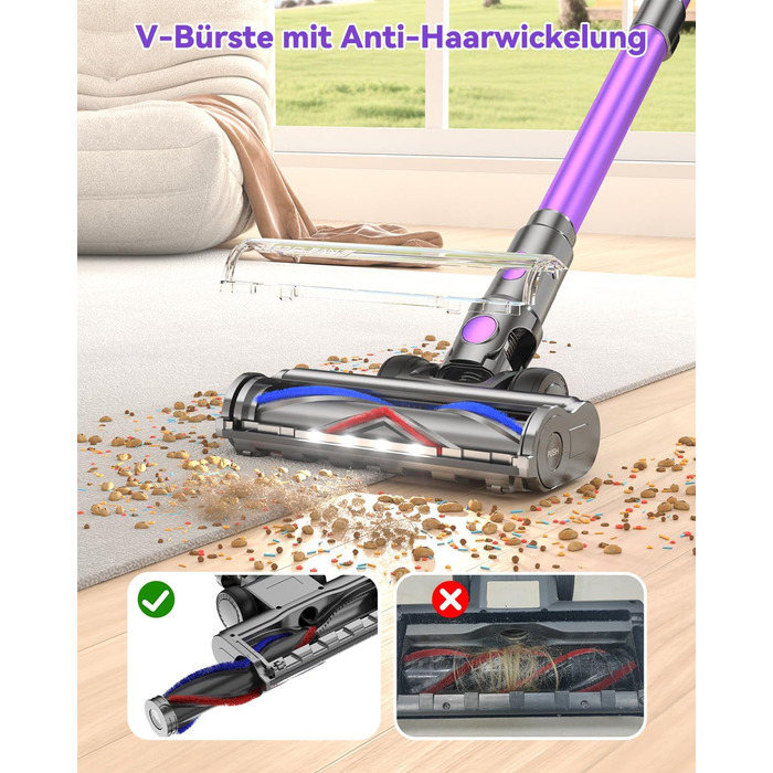 Бездротовий акумуляторний пилосос 580W з LED-дисплеєм, 55KPa, 75 хвилин роботи, об'єм контейнера 1,5л, для твердих підлог, килимів та шерсті тварин