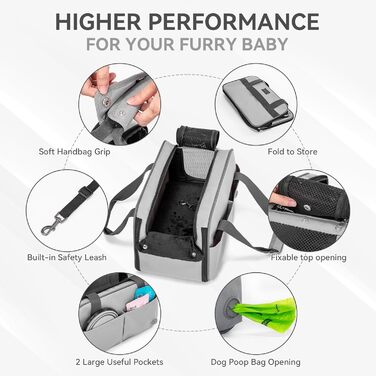 PETSFIT Автокрісло для собак та котів, середньорозмірне, сіре, до 4.5 кг, з безпечним ременем та кишенями