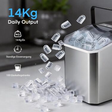 Льодогенератор Eiswürfelmaschine 24 год, 9 кубиків за 6 хв, 2 розміри льоду (Bullet), самоочищення, 14 кг, ручка, лопатка, кошик для вечірок, офісу, кемпінгу