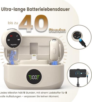 Мікрофон 2-в-1 для iPhone та Android з шумозаглушенням, кейс на 40 годин, магнітна застібка та кріплення для інтерв'ю, 25 метрів (Бежевий)