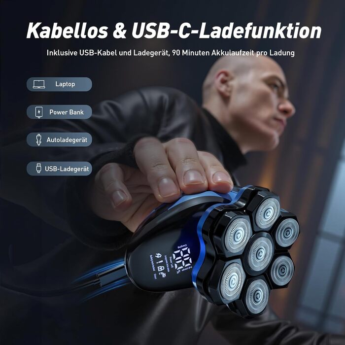 Електричний триммер для гоління голови FitSan 7D, знімний триммер для обличчя, IPX7 вологостійкий, LED-дисплей, USB-C зарядка, чорний